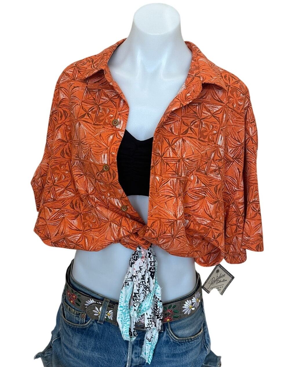 Hawaiian Shirt Tropical Button Down Crop Top One Size Oversized Unique Big Foot